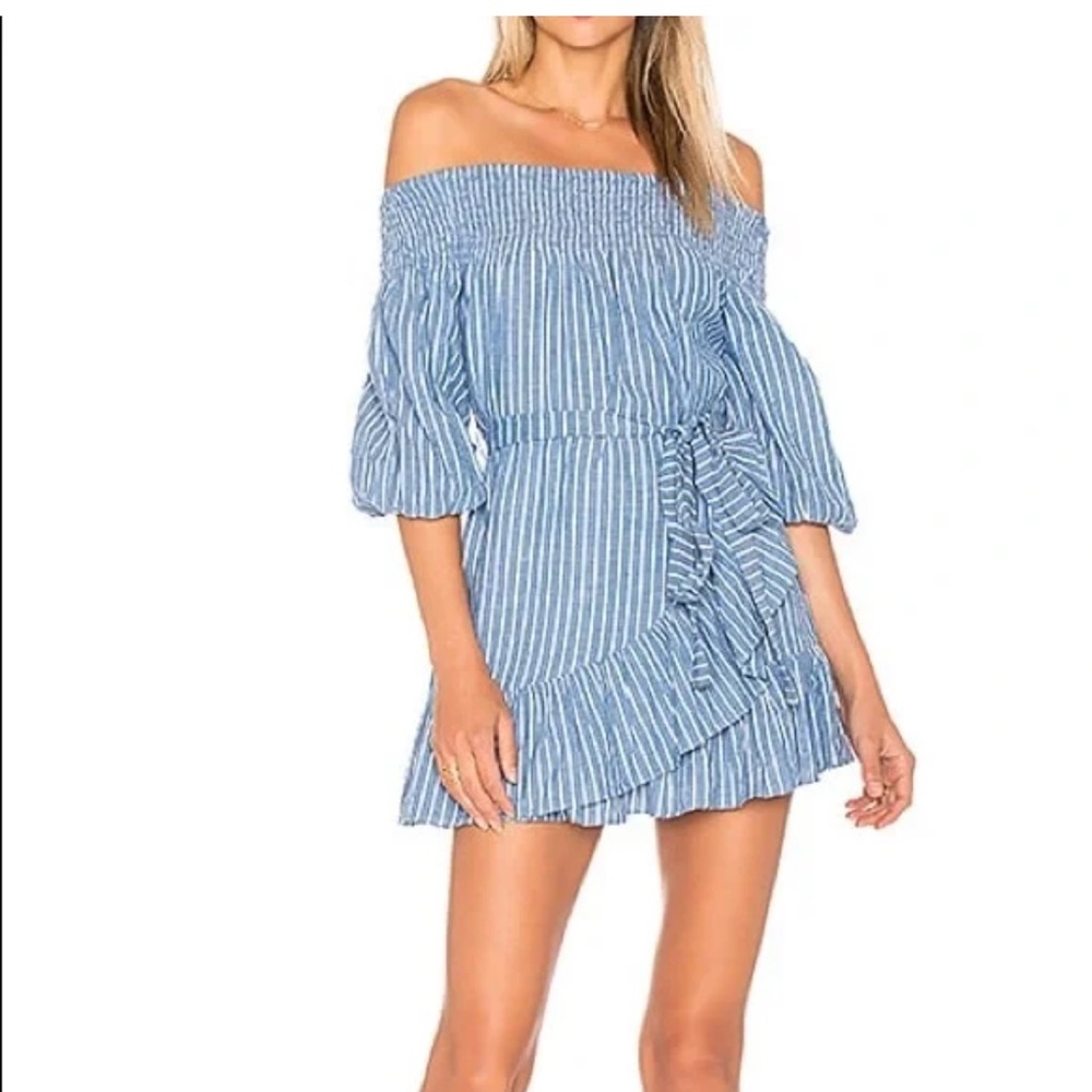 Tularosa Size Small the Maida‎ Blue and White Ruffled Off-Shoulder Mini Dress